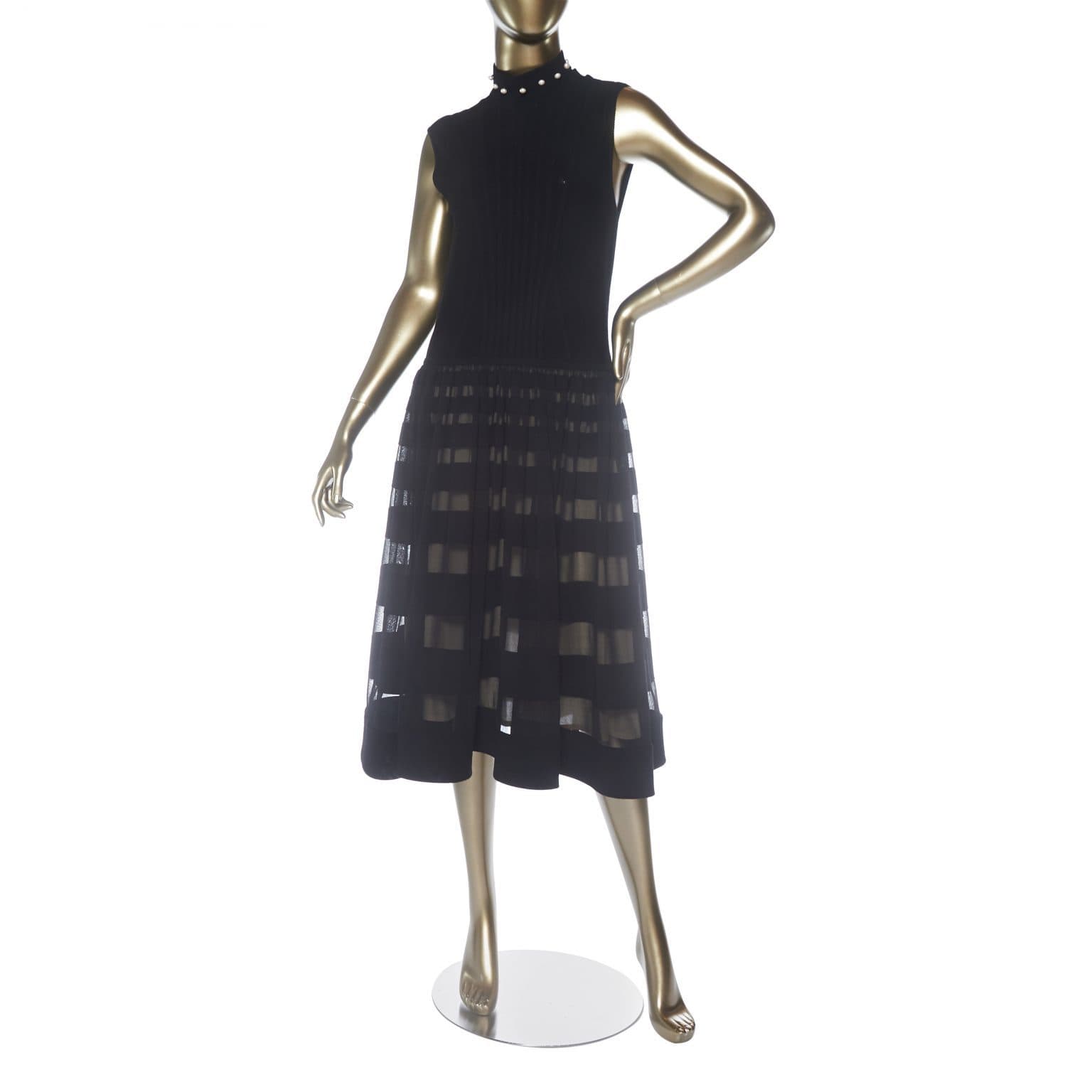 Alexander Mcqueen Black Embellished Wool Dress With Pearl Detail