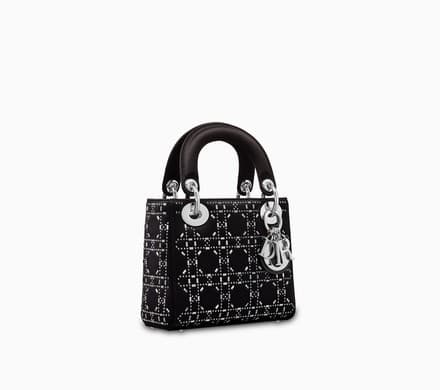 Christian Dior Mini Lady Dior Bag In Black "cannage" Satin With Rhinestones