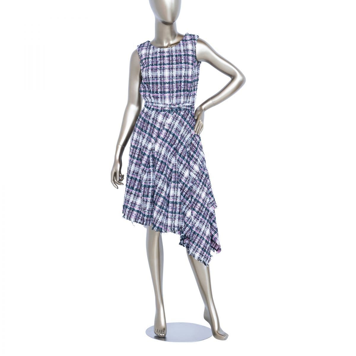 Oscar De La Renta Multicolor Tweed Belted Asymmetric Hem Dress