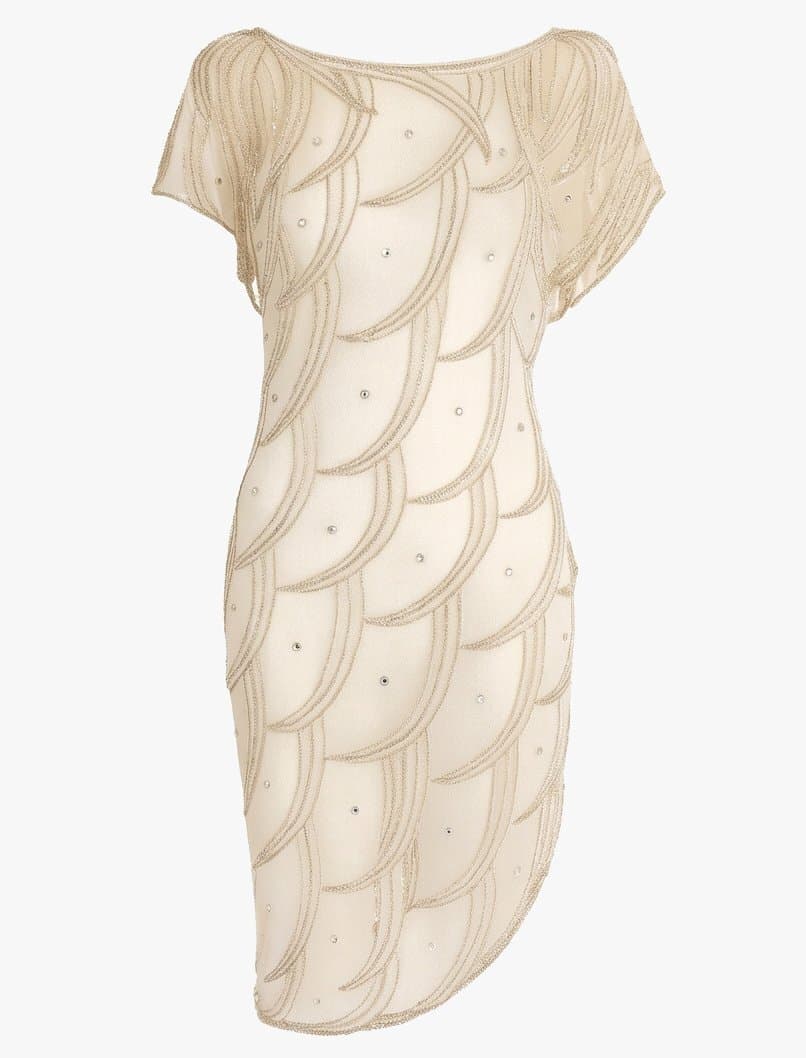 Vintage Ivory Sheer Crystal-embellished Beaded Overlay Dress