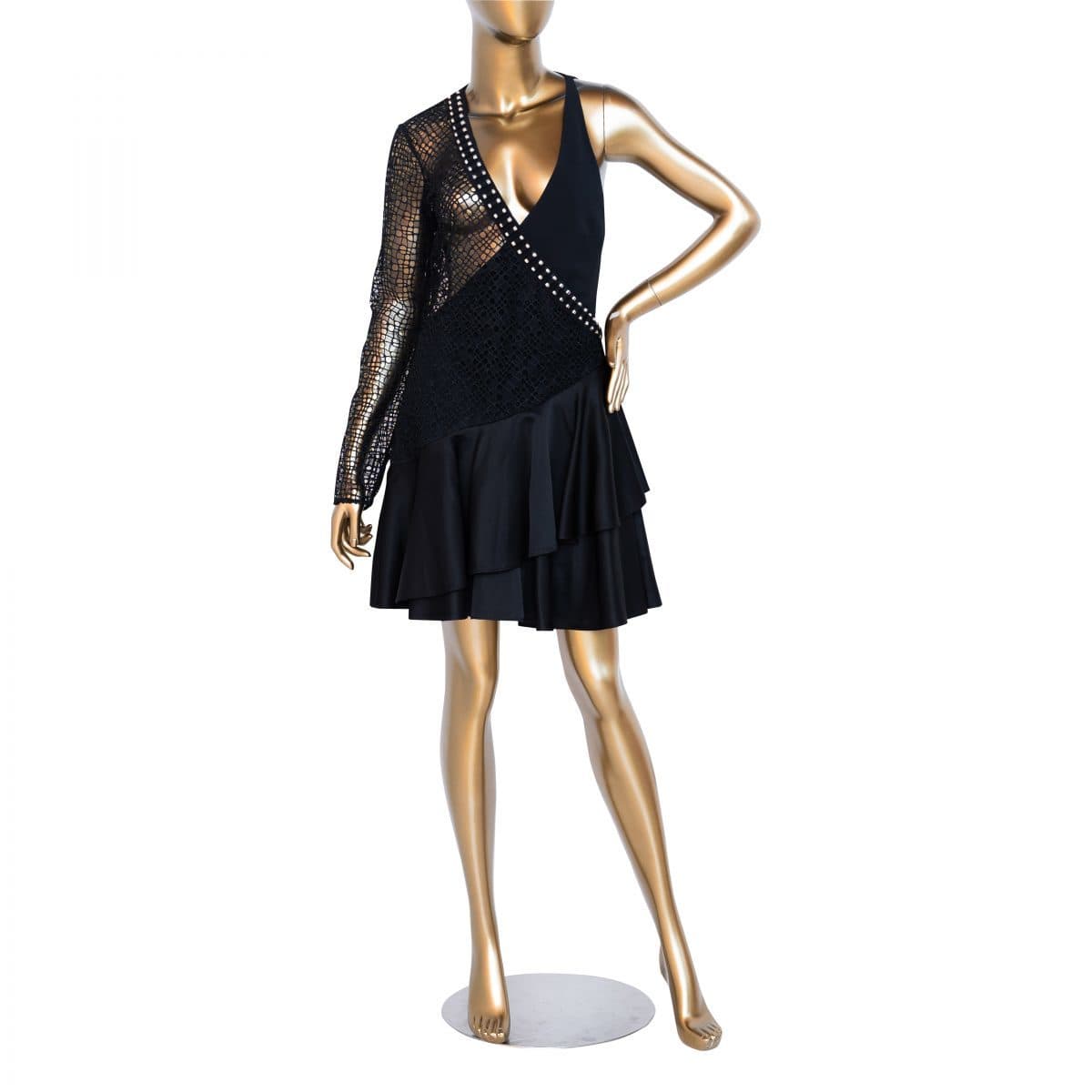 David Koma One Sleeve Macrame Ruched Asymmetric Hem Dress In Black
