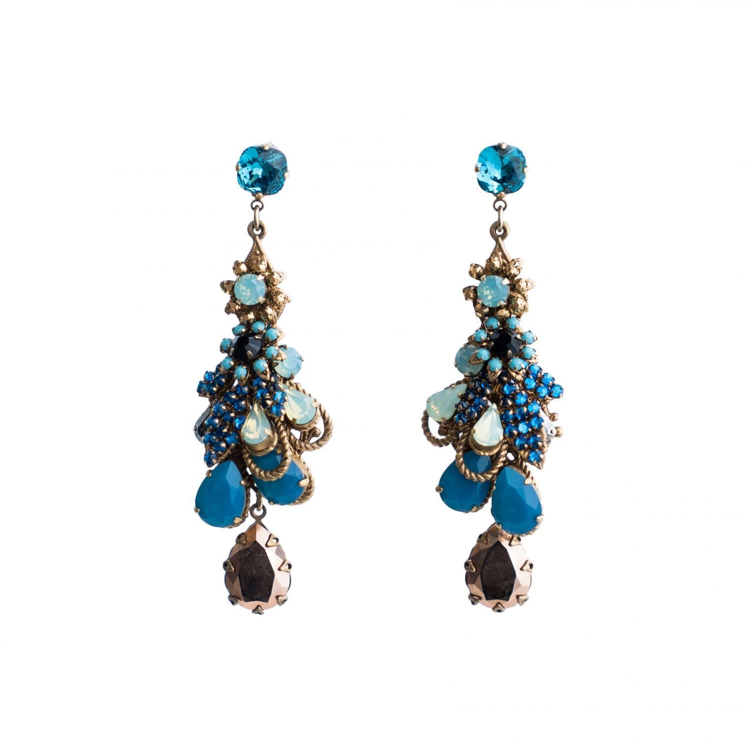 Bijoux Heart Chandelier Green Blue Tiel Studded Flower Earrings