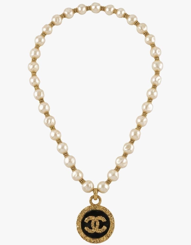 Chanel Pearl And Gold Logo Necklace