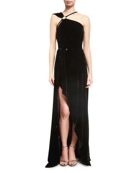 Mugler One-shoulder Velvet High-low Gown, Black