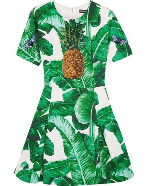Dolce & Gabbana Pineapple Embellished Banana Leaf Print Dress