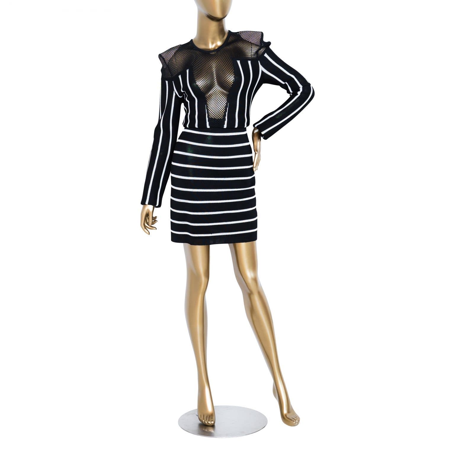 Balmain Long-sleeve Striped Short Cocktail Dress