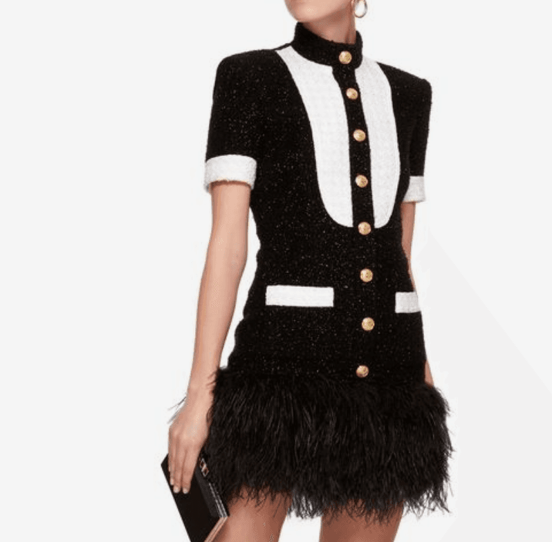 Balmain Black & White Tweed Tuxedo Dress With Feather Trim