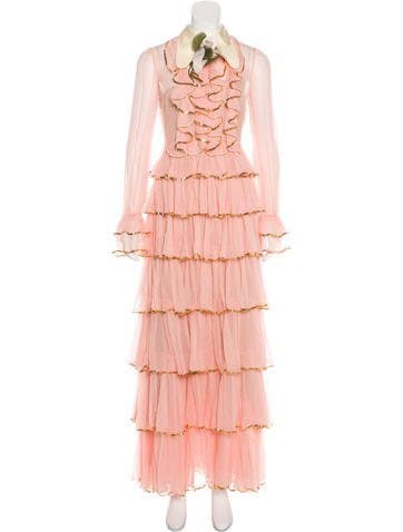 Gucci Tiered Gold Trim Ruffle Blush Chiffon Gown