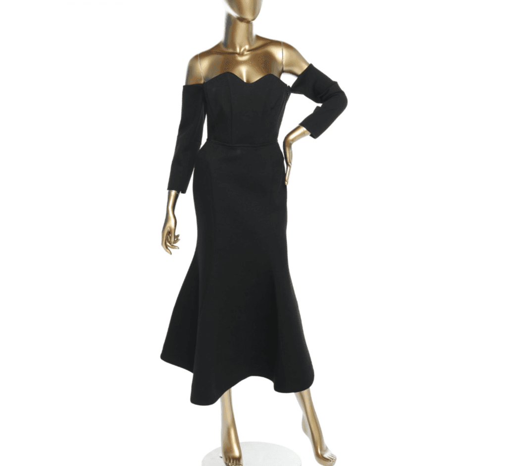 Vika Gazinskaya Black Off The Shoulder Trumpet Midi Dress