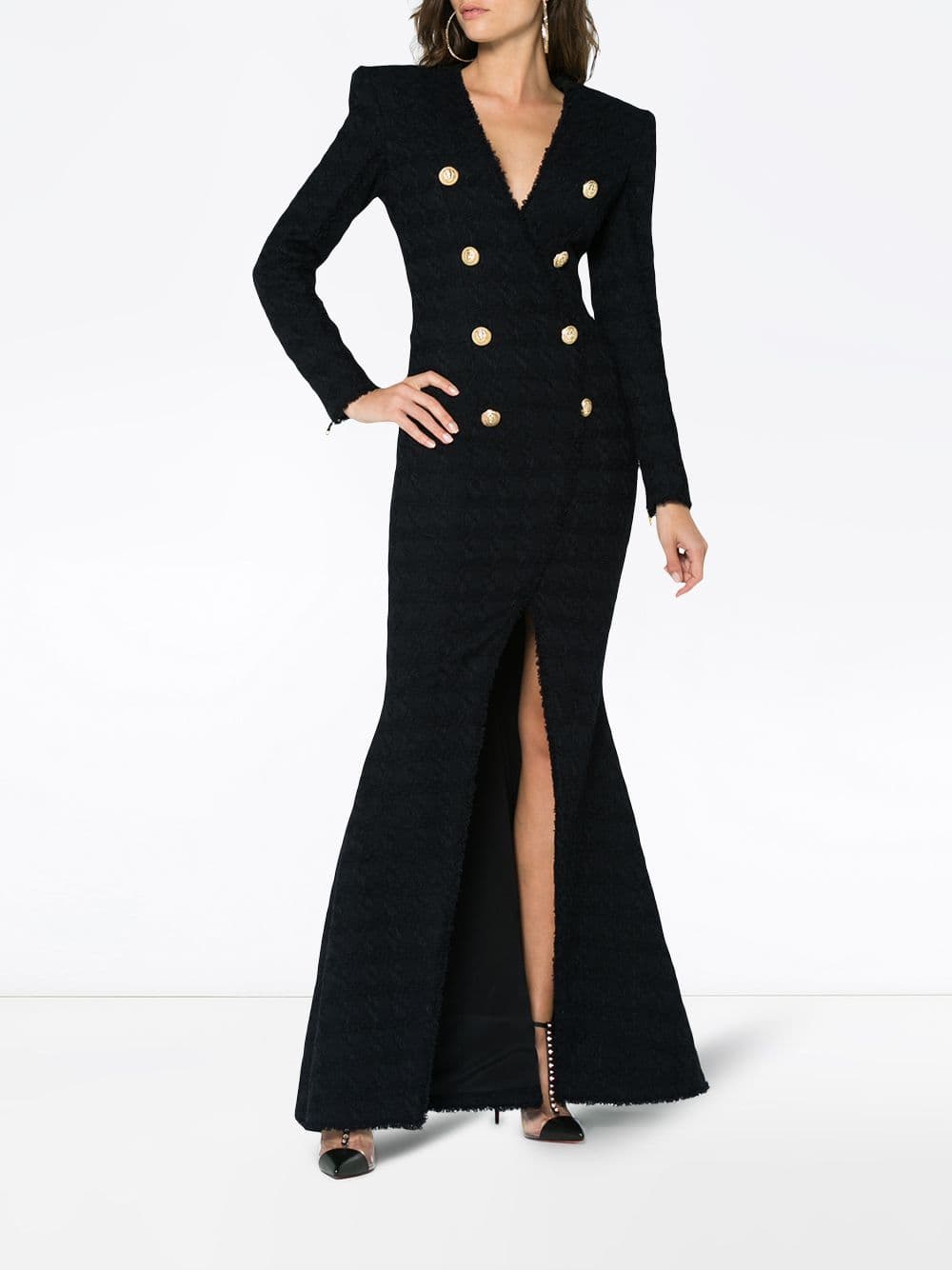 Balmain V-neck Long Sleeve Slit Gown