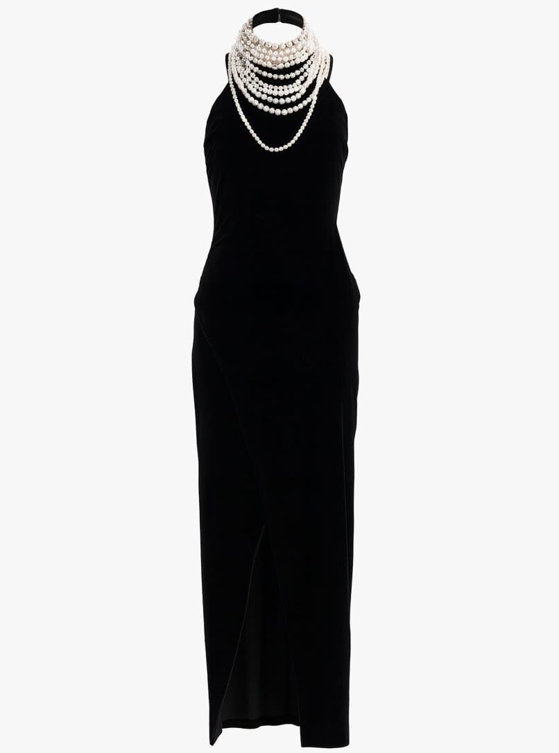 Balmain Pearl Necklace Halter-neck Black Velvet Gown