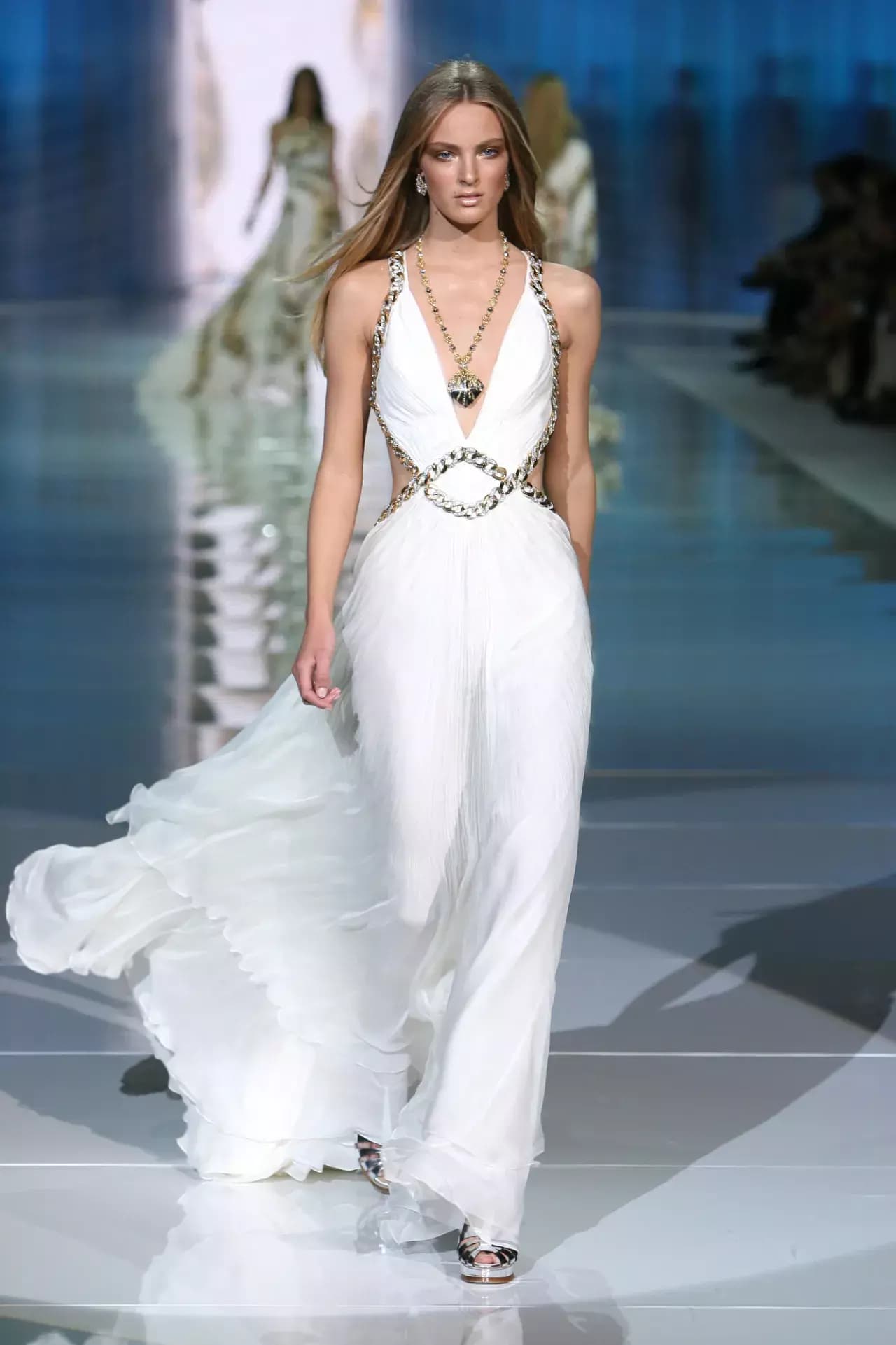 Roberto Cavalli Spring Summer 2009 Chain Embellished White Chiffon Evening Dress