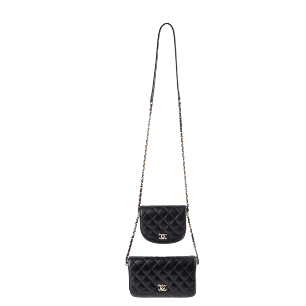 Chanel Black Lambskin Quilted Side Packs Double Bag