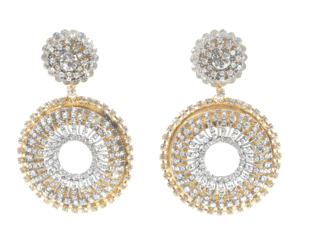 Vintage Lawrence Vrba Round Rhinestone With Gold Trim Earrings