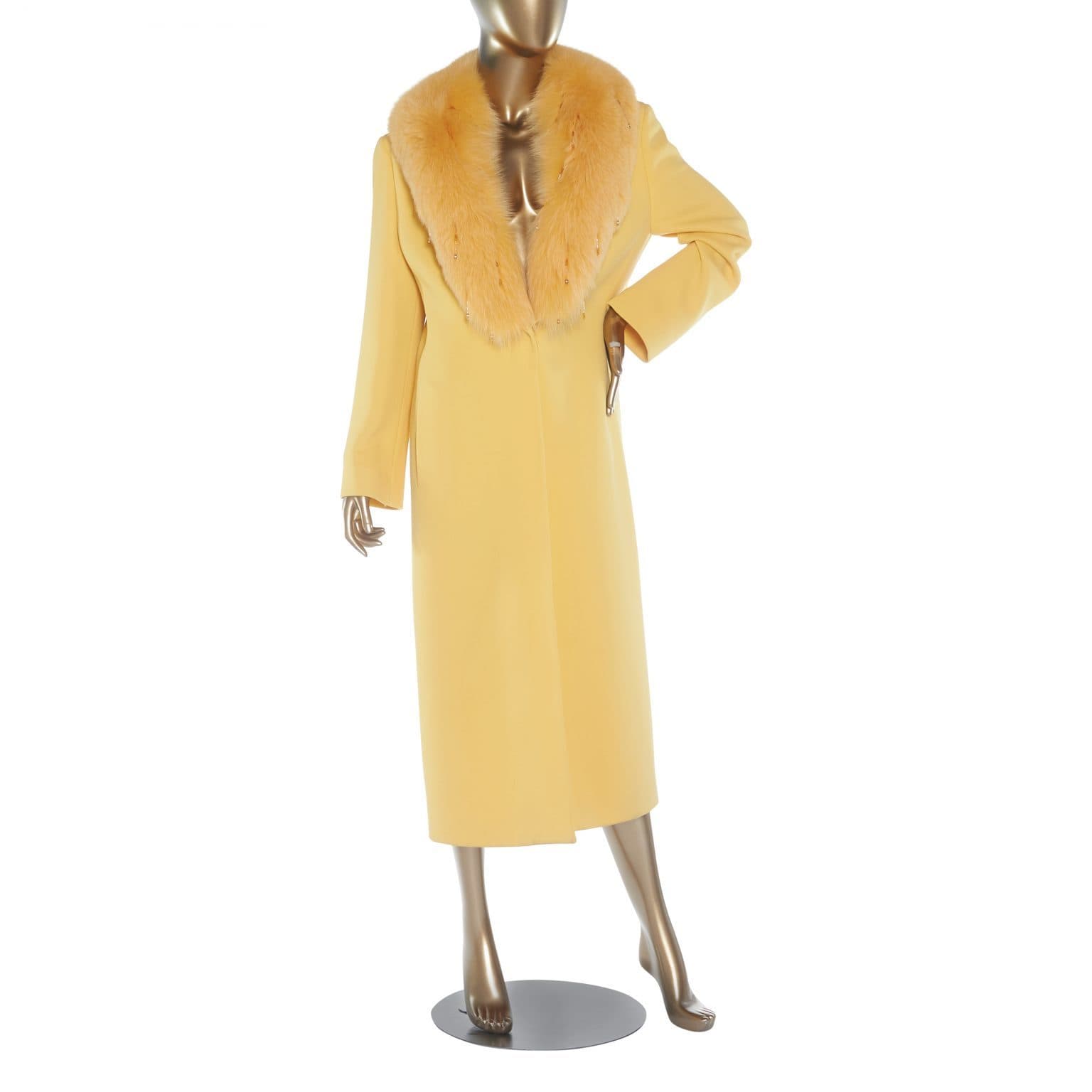 Versace Yellow Long Coat With Fur Collar