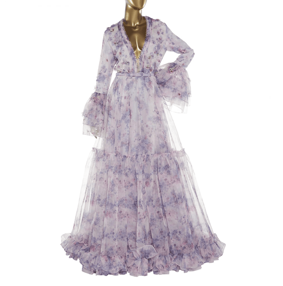 Costarellos Tiered Embellished Printed Organza Gown