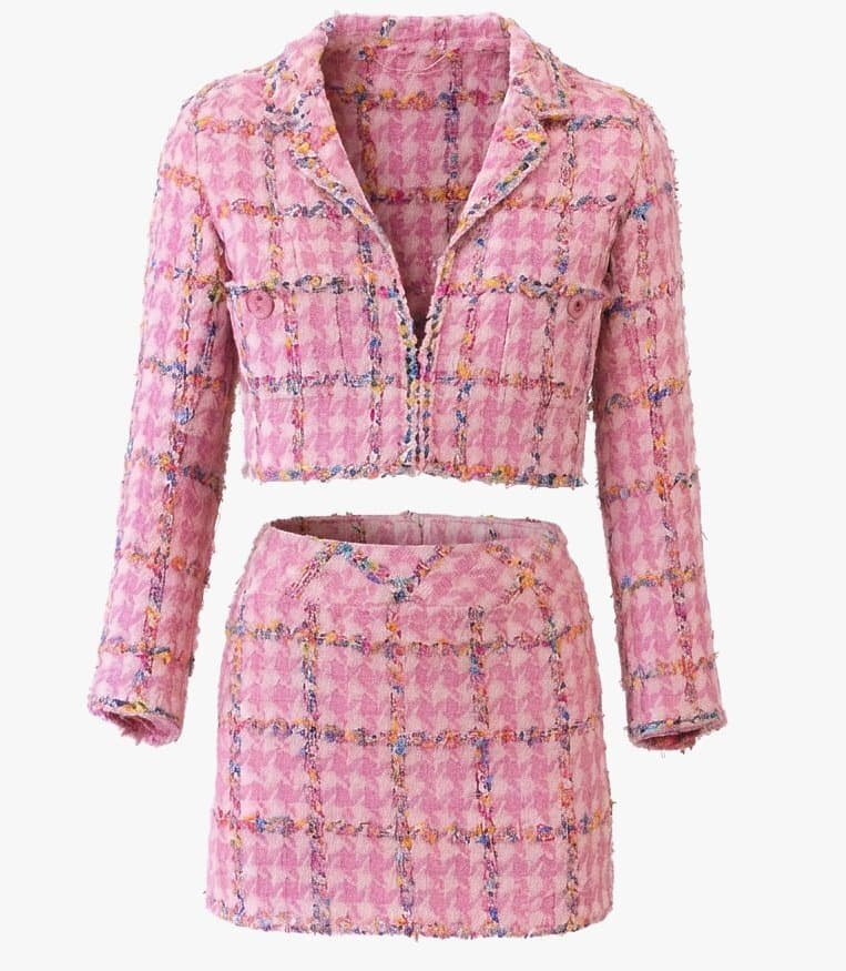 Vintage Chanel Pink Tweed Suit With Multi-color Trim