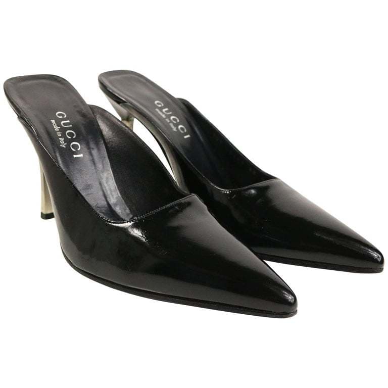 Gucci By Tom Ford Black Patent Leather Pointy Mules With Silver Metal Heels 7
