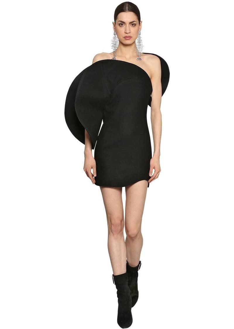 Saint Laurent One Shoulder Sculptural Wool Mini Dress