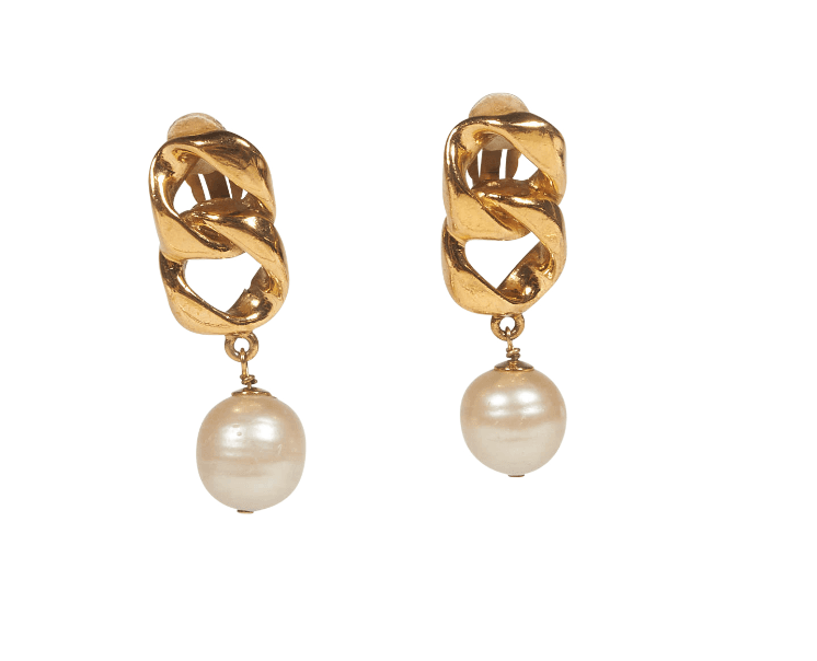 Chanel Vintage Gold Chain And Pearl Earrings