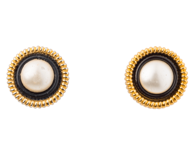 Chanel Vintage 1986 Black & Gold Tone Faux Pearl Clip On Earrings