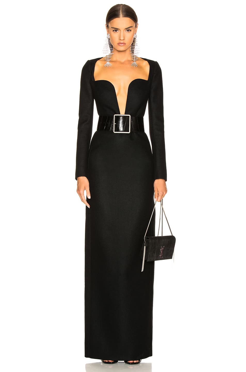 Saint Laurent Wool Plunging Long Sleeve Gown