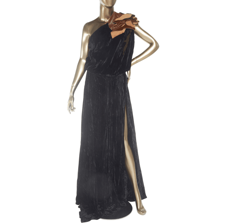 Saint Laurent Velvet One Shoulder Gown With Leather Flower