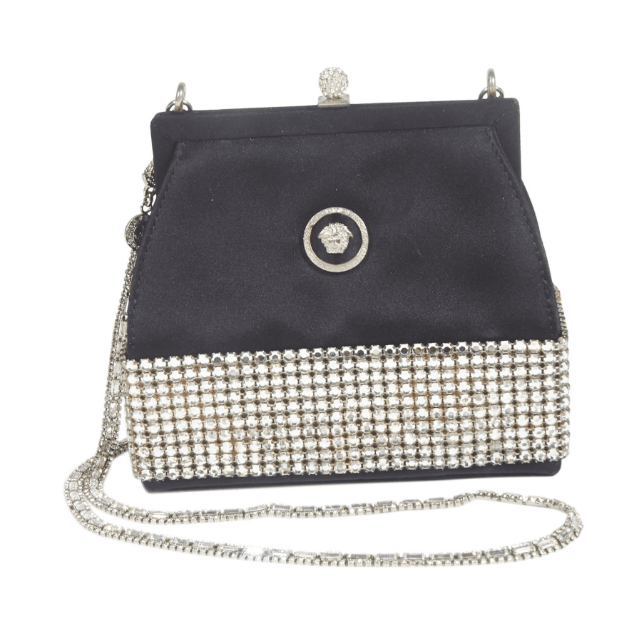 Versace Black Satin Rhinestone Chain Logo Mini Bag