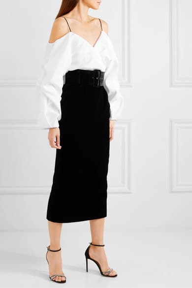 Rasario Off-the-shoulder Belted Velvet And Shantung Midi Dress