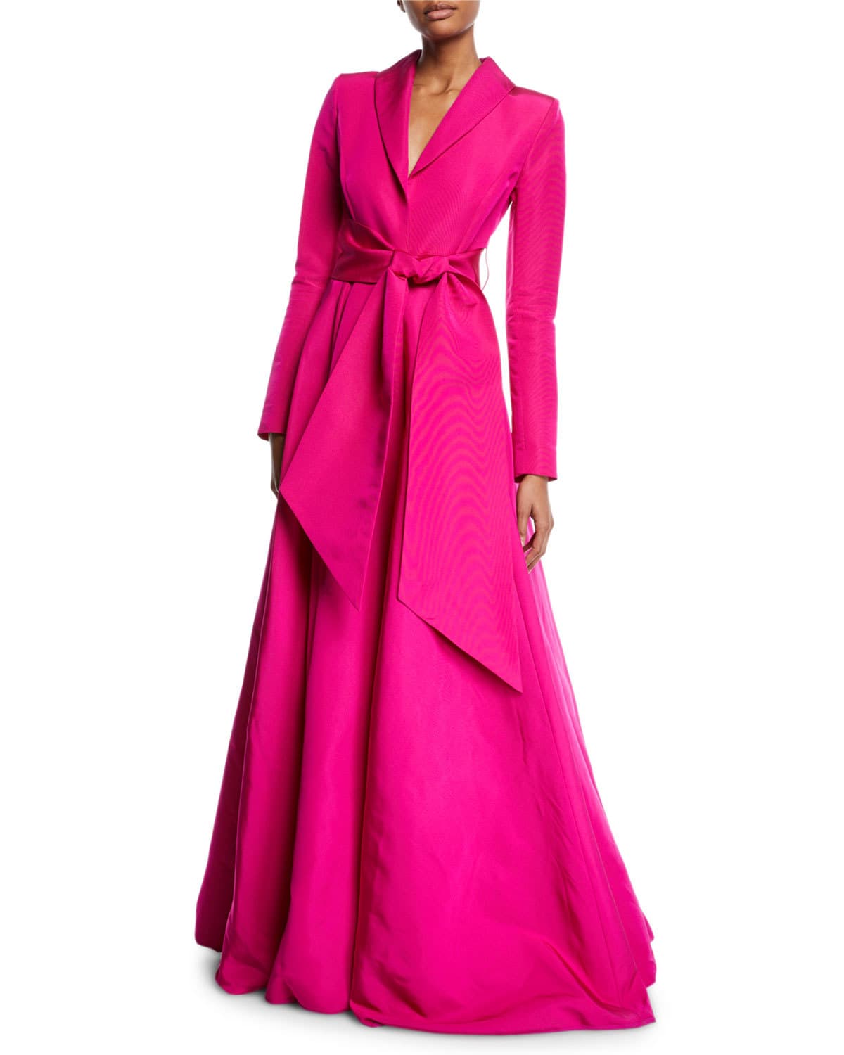 Brandon Maxwell Long-sleeve Wrap-belt Silk Faille Evening Ball Gown