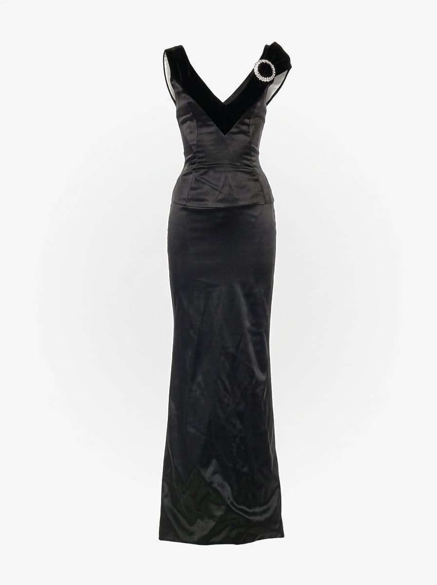 Vintage Dolce & Gabbana Black Satin Evening Dress With Crystal Embellishment