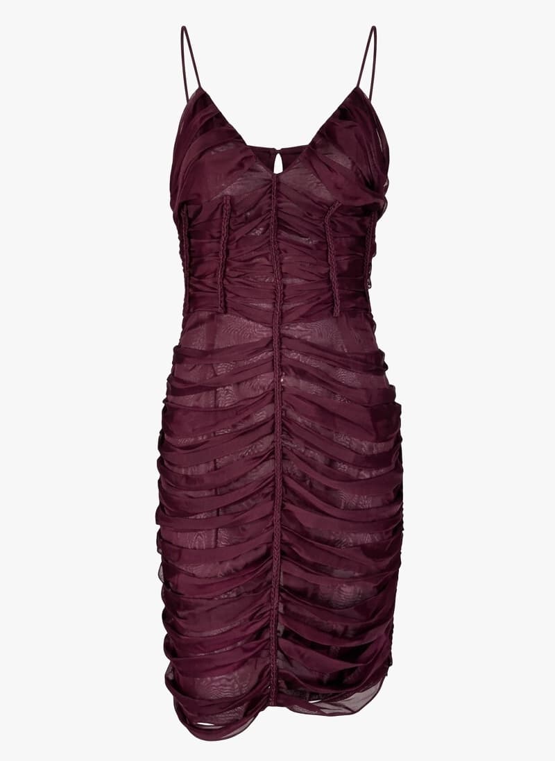 Vintage F/W  2002 Gucci By Tom Ford Sheer Burgundy Silk Ruched Dress