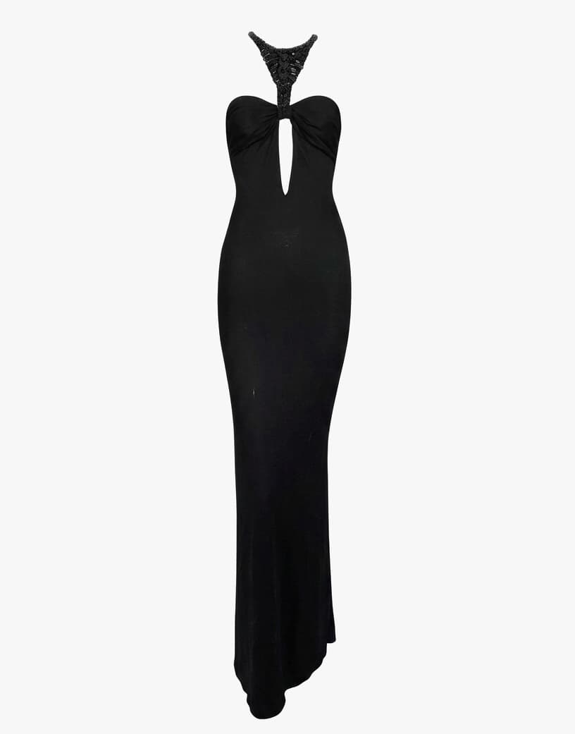 Vintage F/W 2004 Gucci Tom Ford Black Slinky Plunging Cut-out Beaded Gown Dress