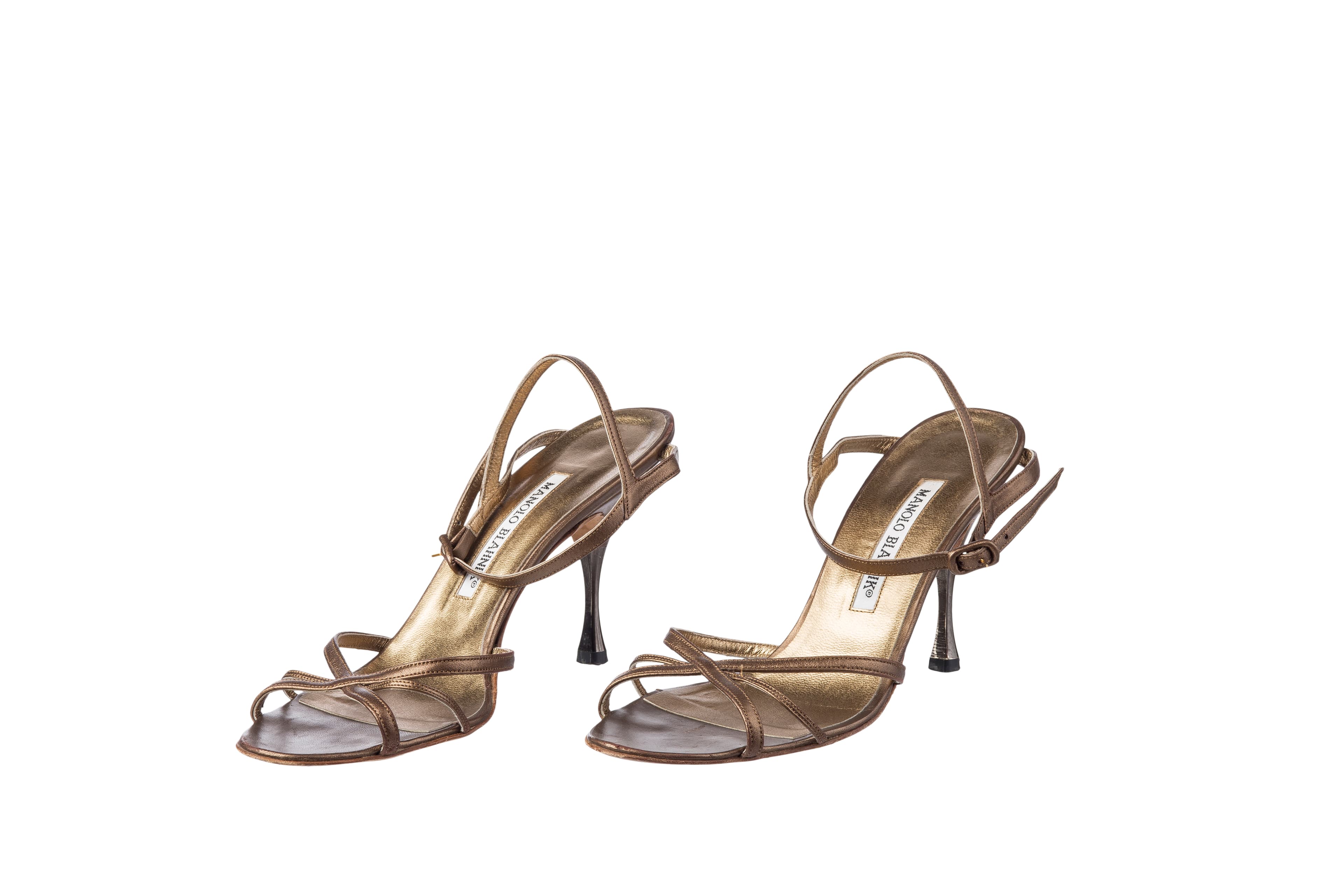 Manolo Blahnik Gold Strap Open Toe Heels