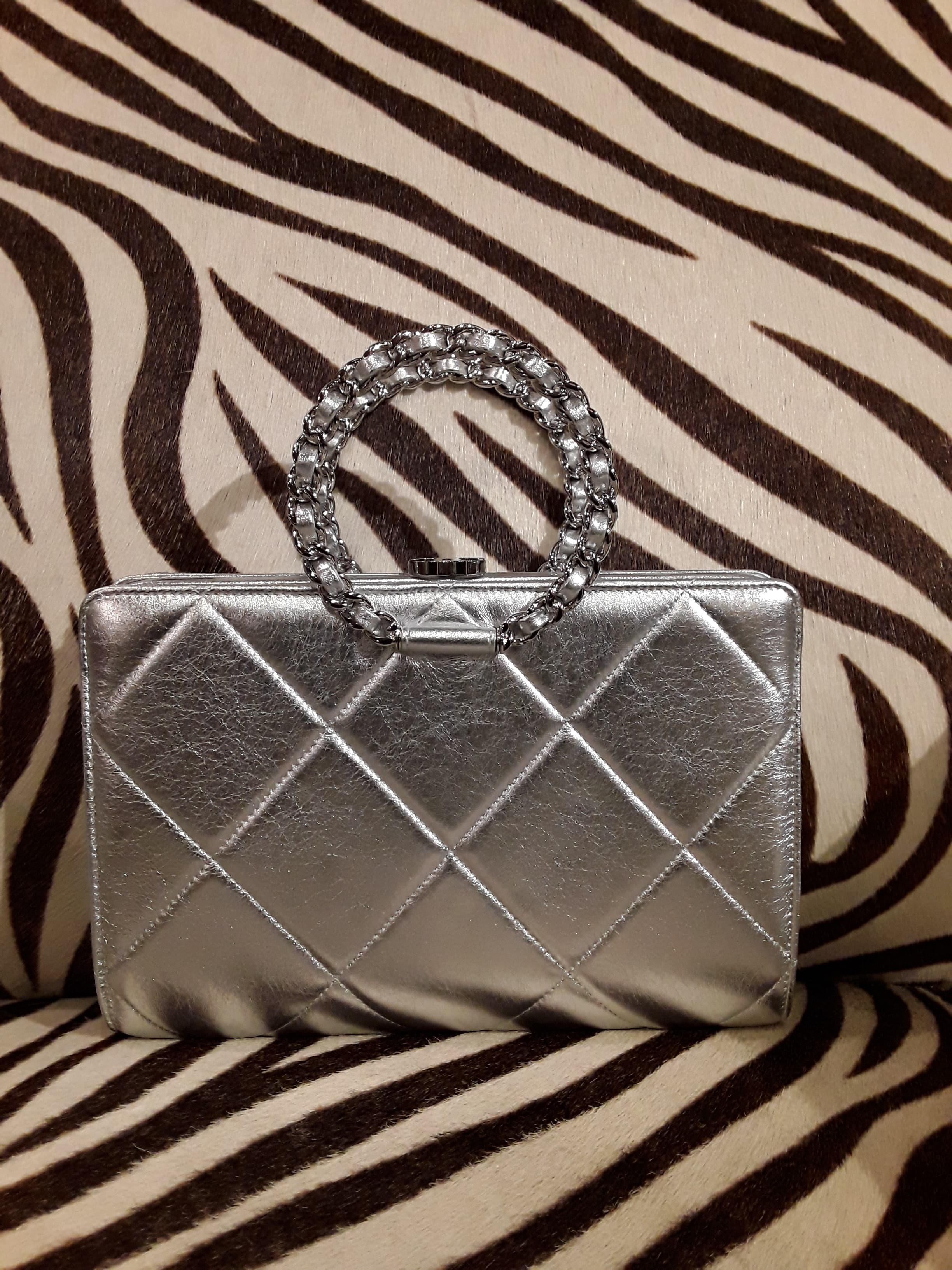 Chanel Metallic Quilted Silver Clutch