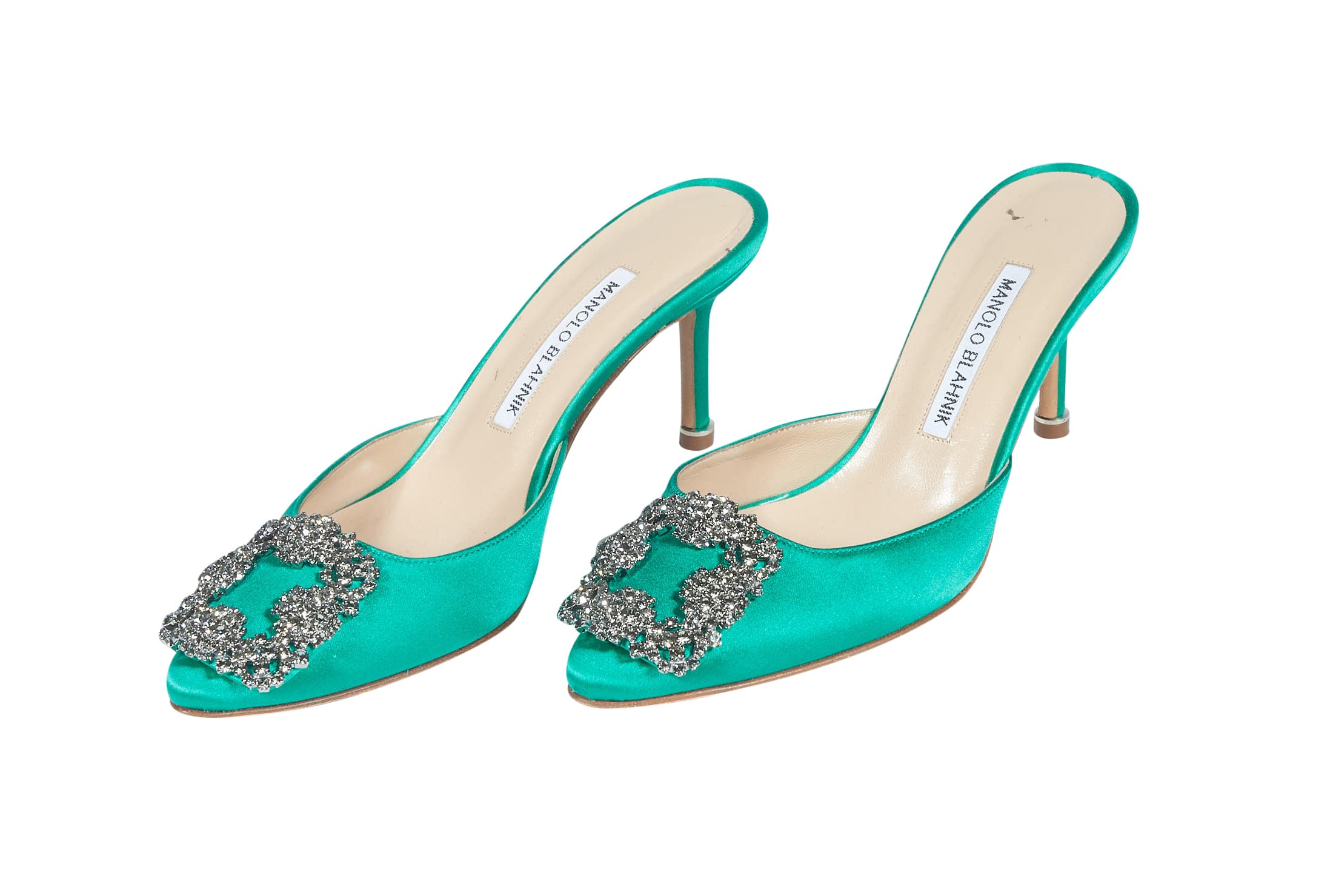 Manolo Blahnik Green Satin Mules