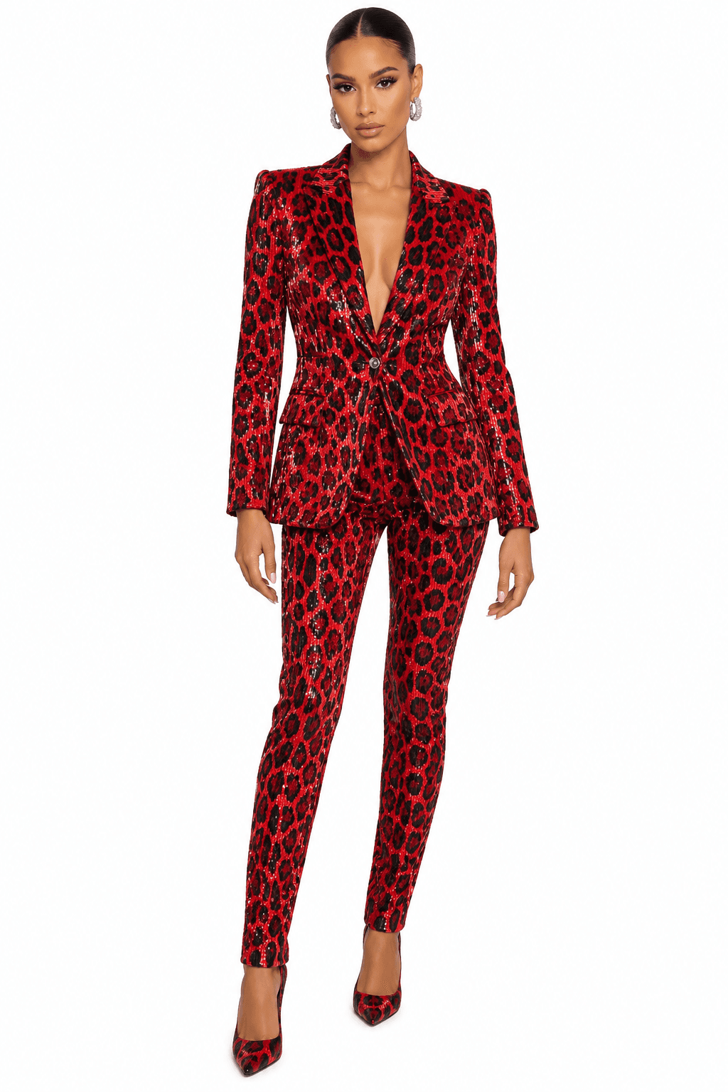 Tom Ford Fall 2018 Red Leopard Print Beaded Suit