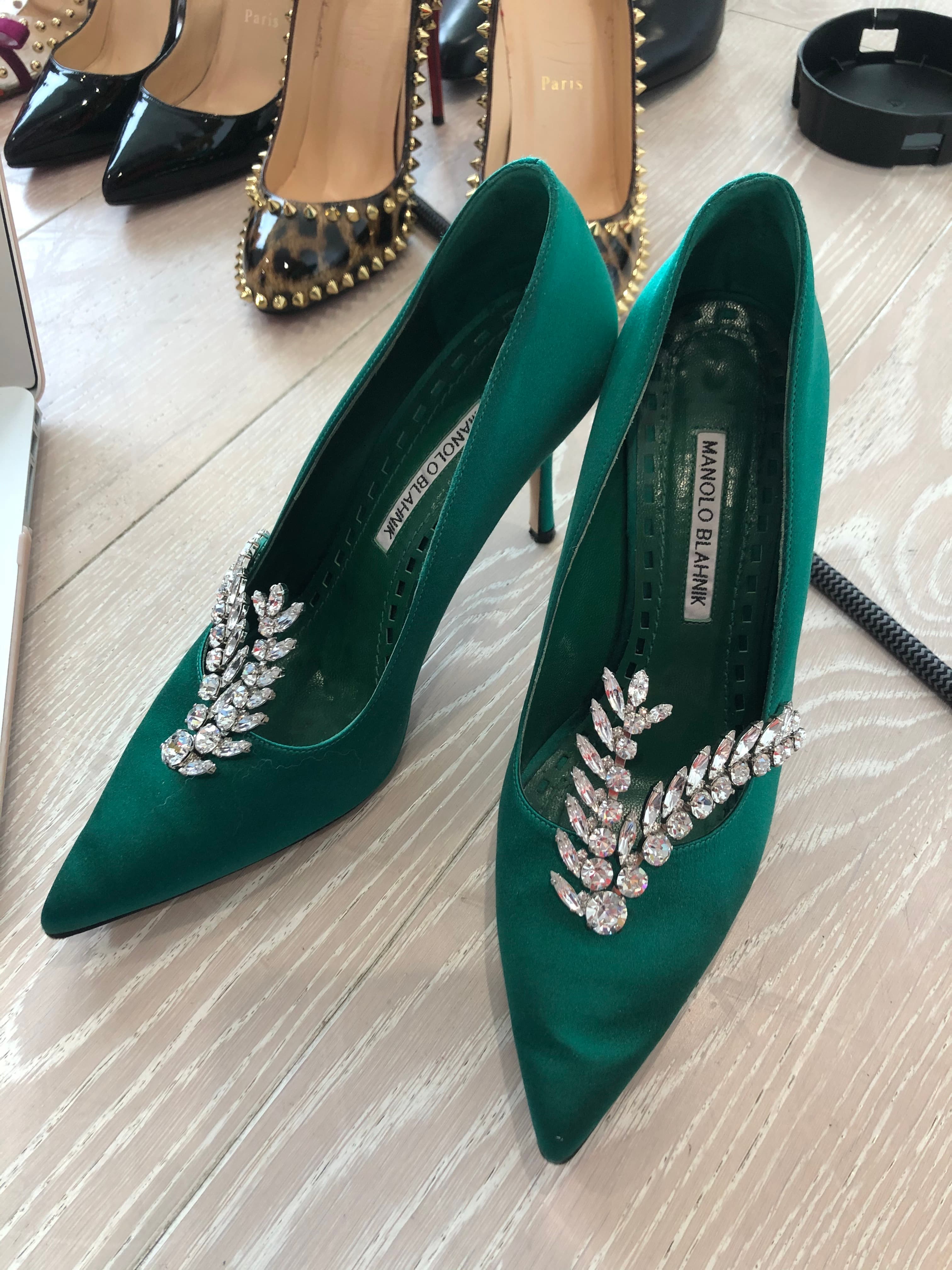 Manolo Blahnik Green Satin Pumps