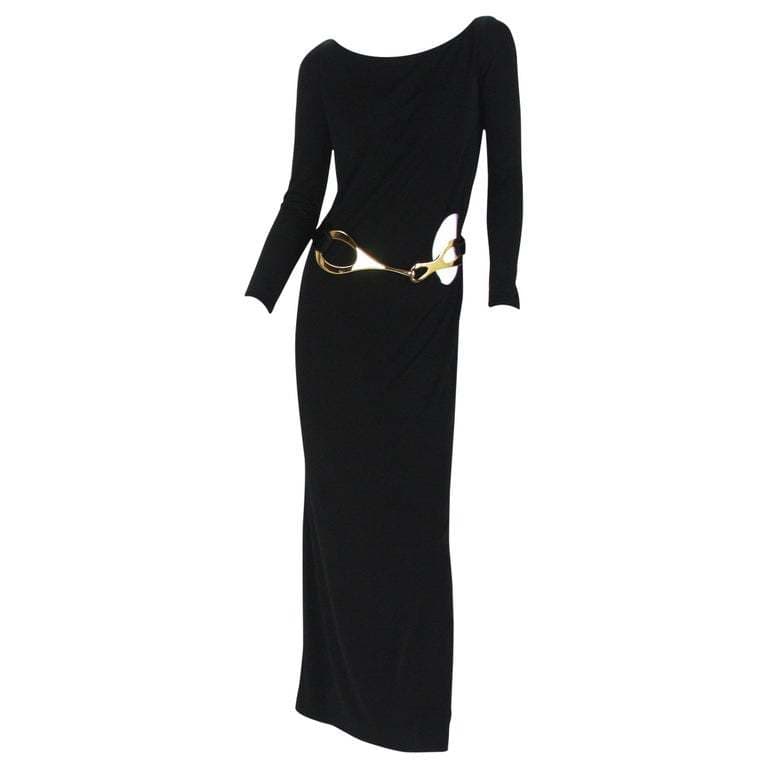 Vintage Gucci Tom Ford Era Backless Long Sleeve Maxi Dress With Ponyhair Belt