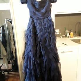 Monique Lhuillier Navy Short Sleeved Rouched Bodice Gown — image 1