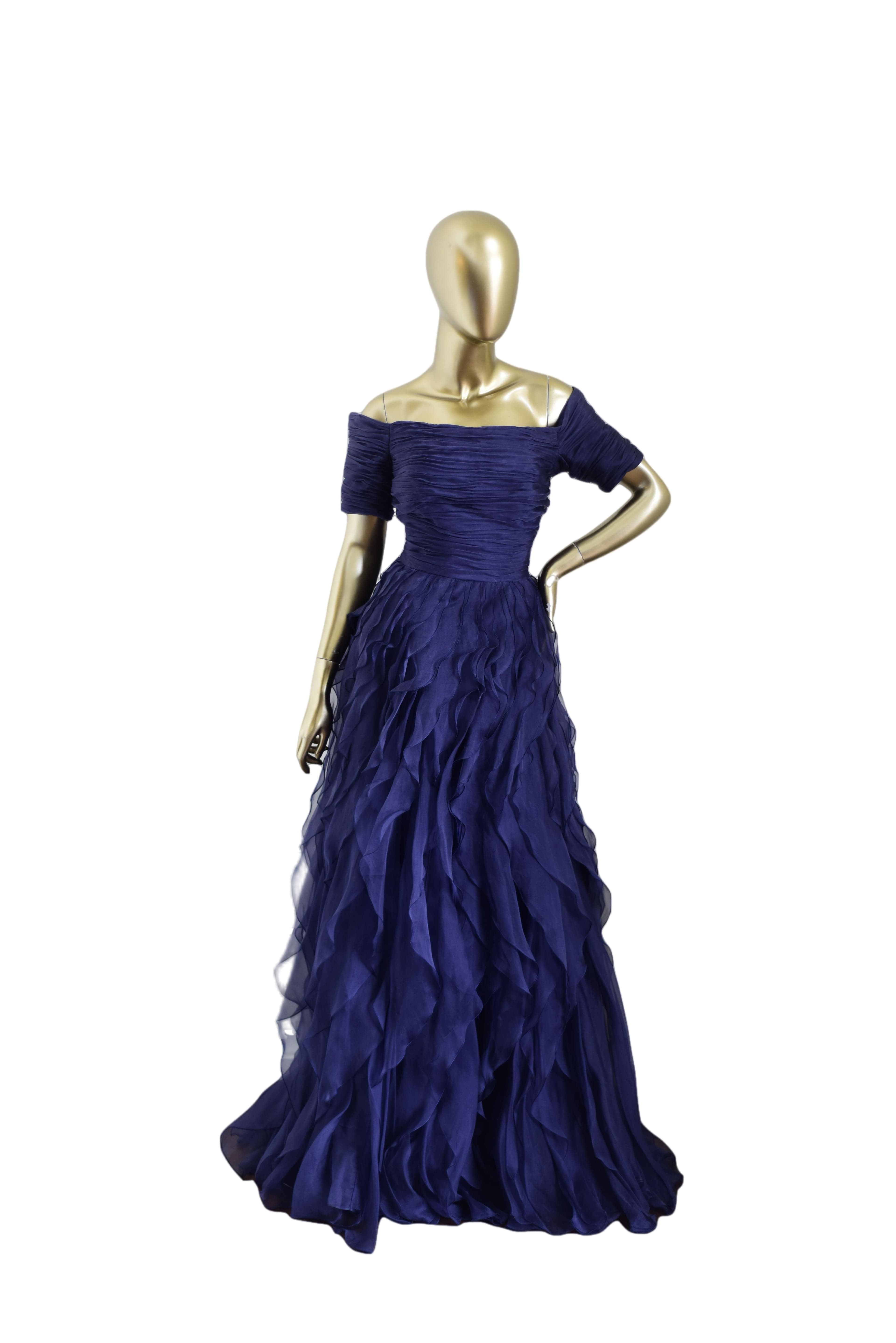 Monique Lhuillier Navy Short Sleeved Rouched Bodice Gown