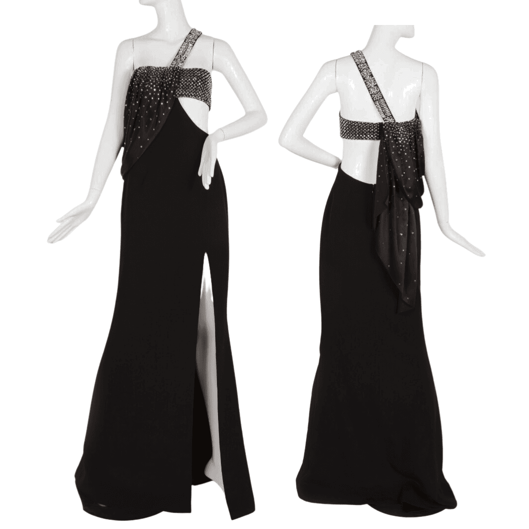 Azzaro High Slit Gown With Embellished Bra And Silk Draping