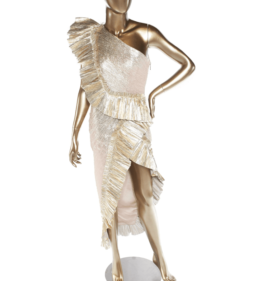Raisa Vanessa One-shoulder Metalic Ruffle A-line Dress