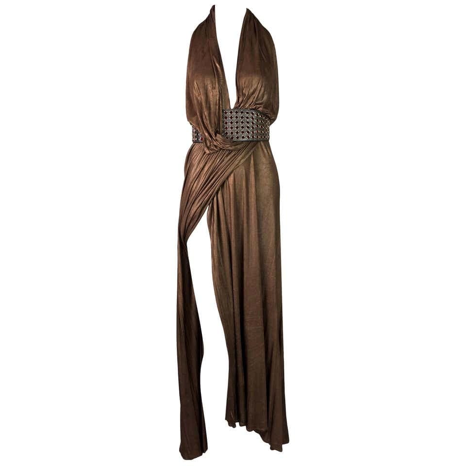 Gucci Bronze Plunging Gown Dress Wide Mirror Belt