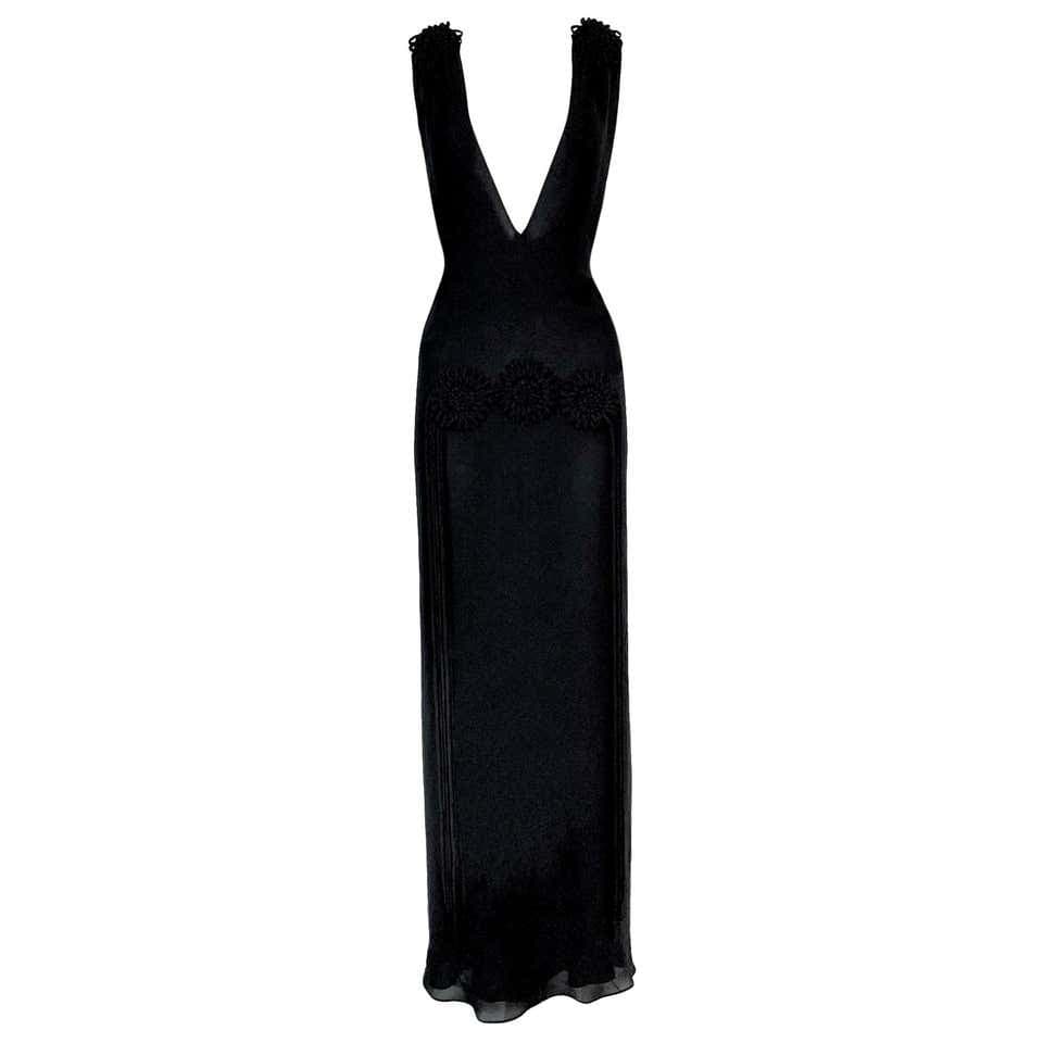 Vintage Yves Saint Laurent Plunging Sheer Black Fringe Flower Dress