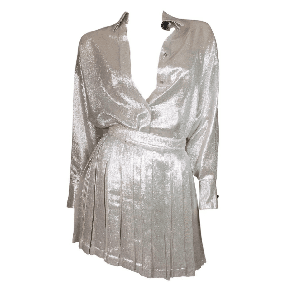 Vintage Gianni Versace Silver Button Down Blouse & Pleated Skirt Set