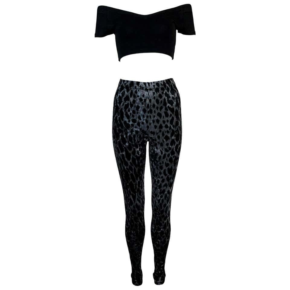 Vintage Gianni Versace Black Crop Top/ Leopard Velvet Leggings Set