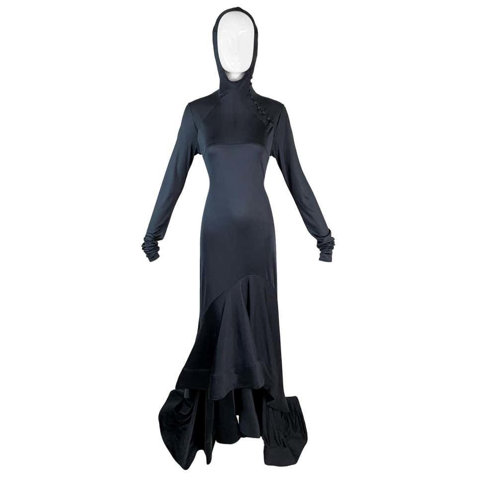 Vintage Celine By Michael Kors Dark Gray L/s Hooded Extra Long Gown Dress