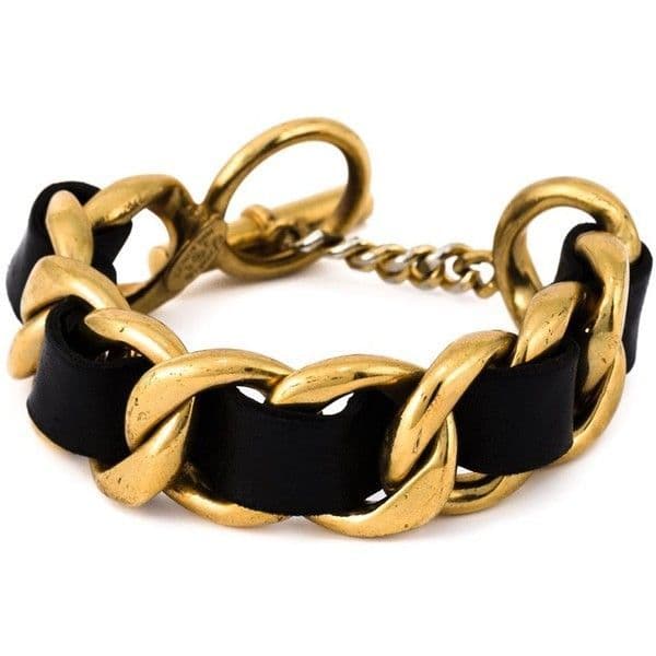 Chanel Gold Link & Black Leather Bracelet