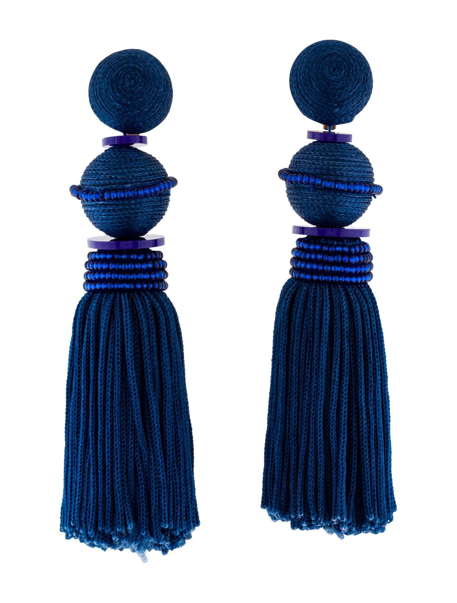 Oscar De La Renta Blue Beaded Ball Tassel Clip-on Drop Earrings